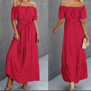 red polka-dot shoulder ruffle maxi dress